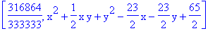 [316864/333333, x^2+1/2*x*y+y^2-23/2*x-23/2*y+65/2]